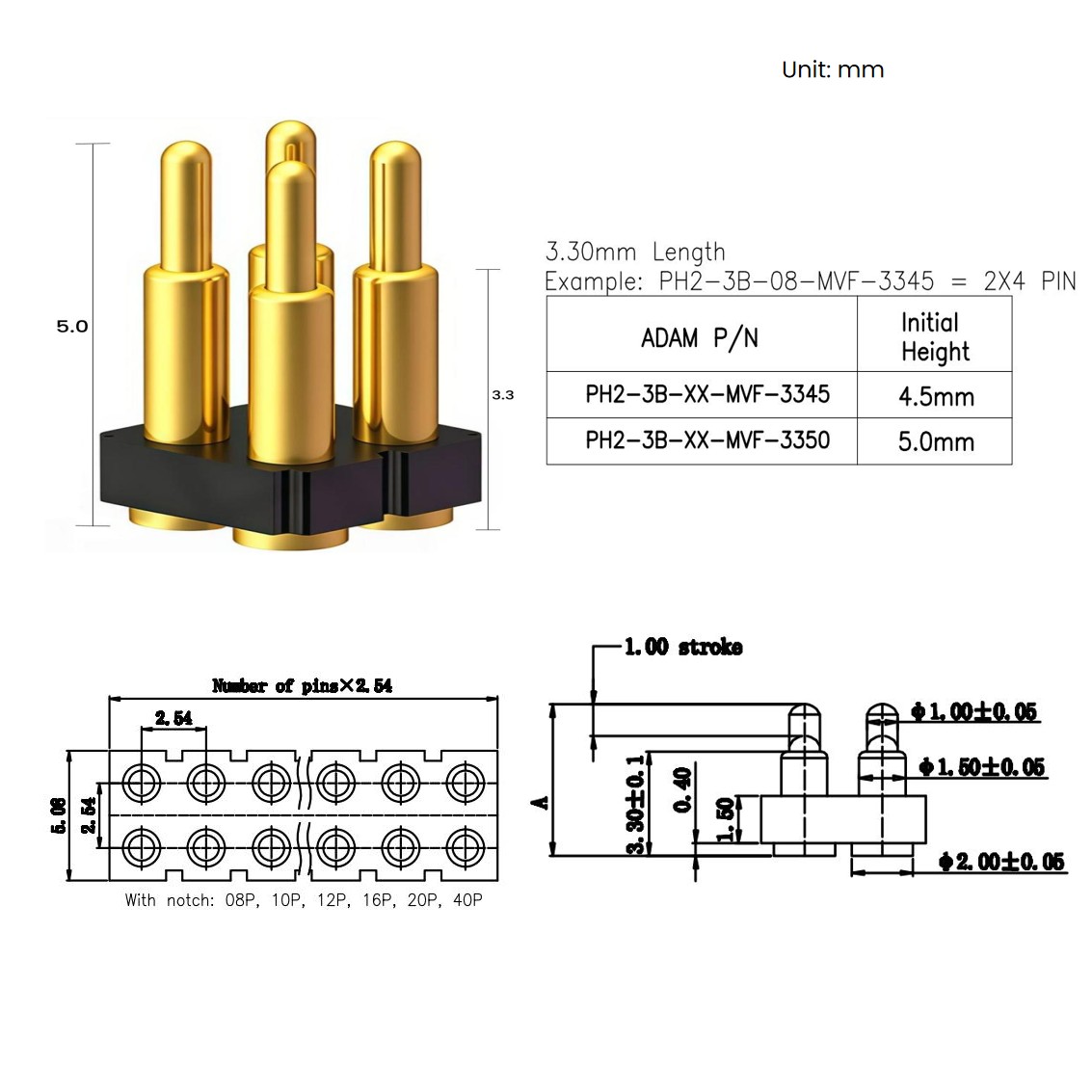 Conector de pasador Pogo cargado por resorte Metabee 2×5, doble fila, altura de 5 mm, SMT, paso de 2.54 mm