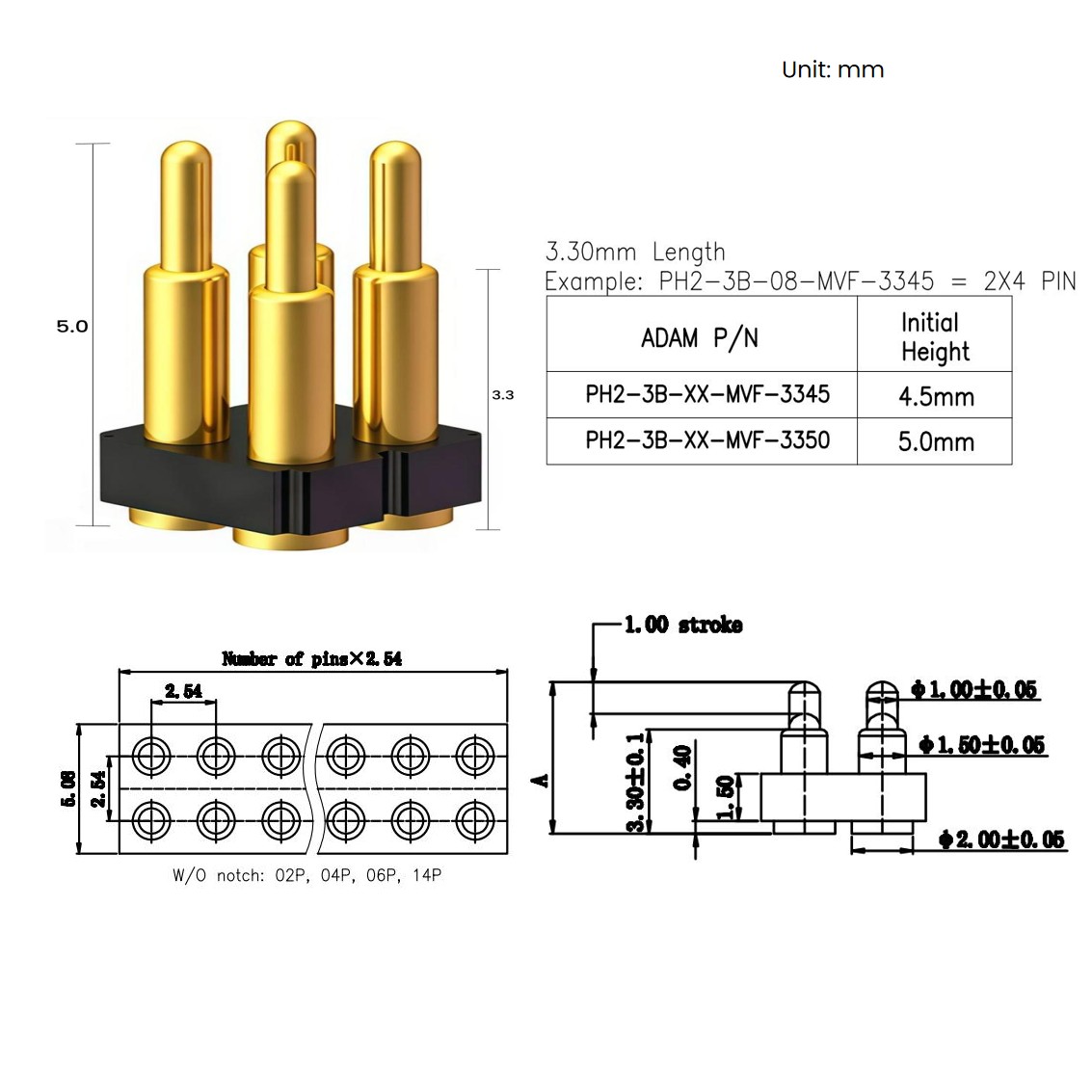 Conector de pasador Pogo cargado por resorte Metabee 2×7, doble fila, altura de 5 mm, SMT, paso de 2.54 mm