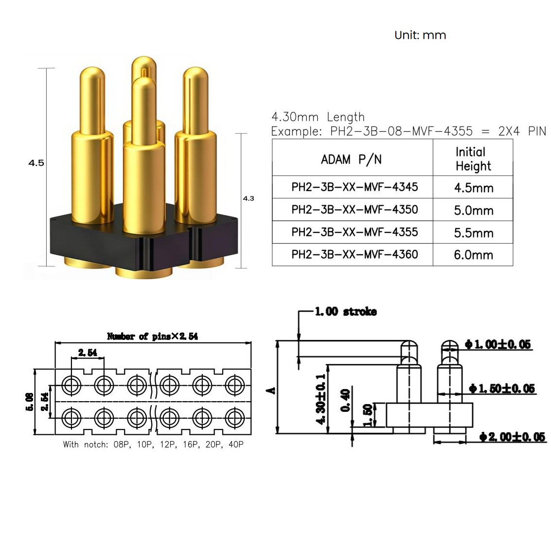 Conector de montaje PCB cargado por resorte Metabee, pin 2×4, doble fila, altura 4.5mm, SMT, paso de 2.54mm